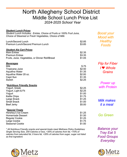 Middle School Lunch Price List